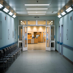 Empty waiting room in a medical facility.  Rows of chairs line a hallway leading to an open doorway, creating a calm and sterile atmosphere.