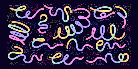 Modern Art with Hand Drawn Wavy Lines and Scribble Futuristic Sketches with Vibrant Colors. Playful geometric fluid organic shapes isolated. Trendy colorful freehand line doodles.