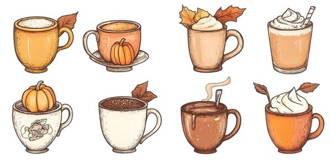 Cozy autumn drinks and mugs with seasonal flavors