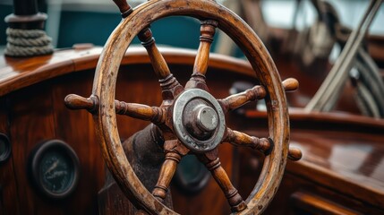Vintage wooden ship wheel, nautical details, harbor background, travel