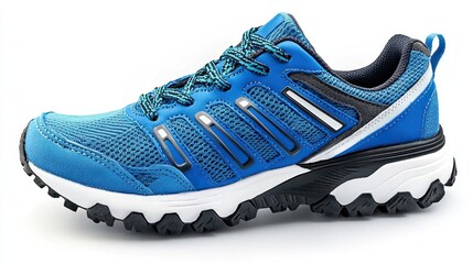 Blue athletic shoe, side view, on white background,  showing outdoor tread