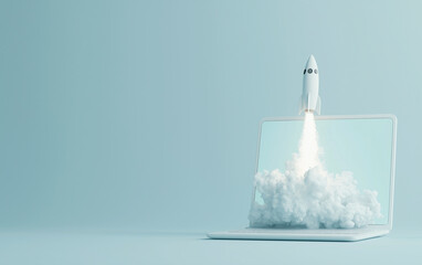Rocket Launching From Laptop Screen for Startup, Innovation, and Technology Concept on Blue Background