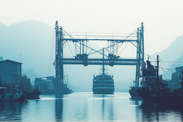 Obraz premium Selective focus container cargo freight ship at the port with crane lifting with container box, Landscape view of industry port for cargo ship.