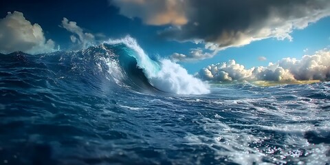 Naklejka premium A towering ocean wave crashes violently against the turbulent stormy sea showcasing the raw power and dynamism of nature