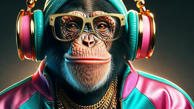 Lustiger Affe mit Kopfh&ouml;rern und Sonnenbrille in leuchtenden Farben
