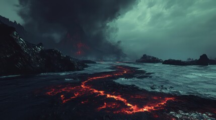 Fototapeta premium Volcanic eruption coast, dark sky, lava flow, dramatic landscape, environmental disaster