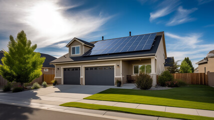 Charming suburban house with solar panels on the roof, surrounded by a garden and bright sunny weather