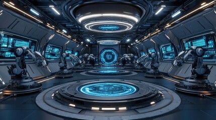 Futuristic robot arms in a spaceship hangar,  monitoring futuristic displays