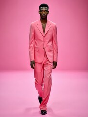 Fashion model walking runway in bright pink suit against matching pink background. Full-body editorial shot showcasing modern tailoring with black dress shoes.