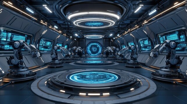 Futuristic robot arms in a spaceship hangar,  monitoring futuristic displays