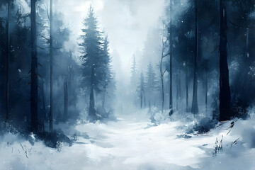 Naklejka premium Mystical Winter Wonderland, A Serene Snowy Forest Landscape Painting