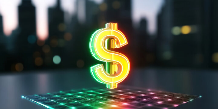 A glowing dollar sign symbolizes trust and growth in financial assets, set against a blurred city skyline at dusk. The vibrant colors evoke a sense of optimism and portfolio stability.