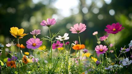 Colorful Cosmos Flowers Blooming in a Lush Green Garden with Bright Sunlight Illuminating the Blossoms