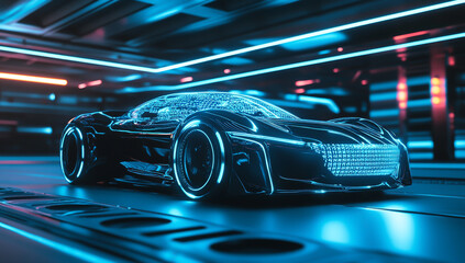 futuristic electric car with holographic projection, blue neon lights and digital background .