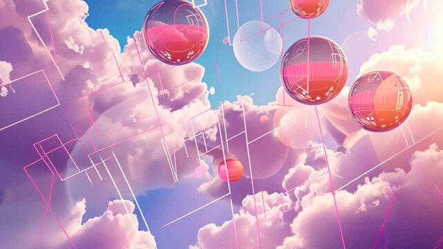 Schwebende Luftballons &uuml;ber einer m&auml;rchenhaften Wolkenlandschaft