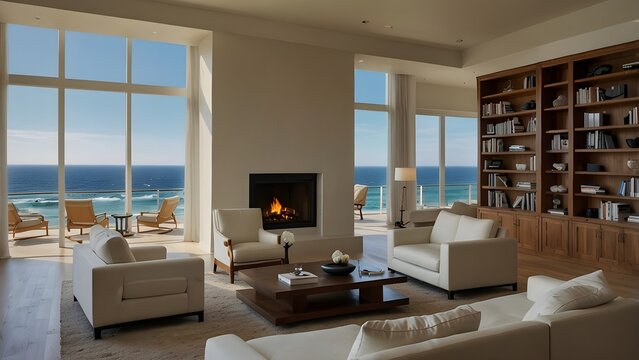 A lavish living room with a stunning view of the ocean and a tall bookcase in the backdrop