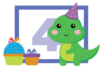 Fototapeta premium Cartoon Green Dinosaur Wearing Party Hat with Number Four and Gift Boxes Isolated