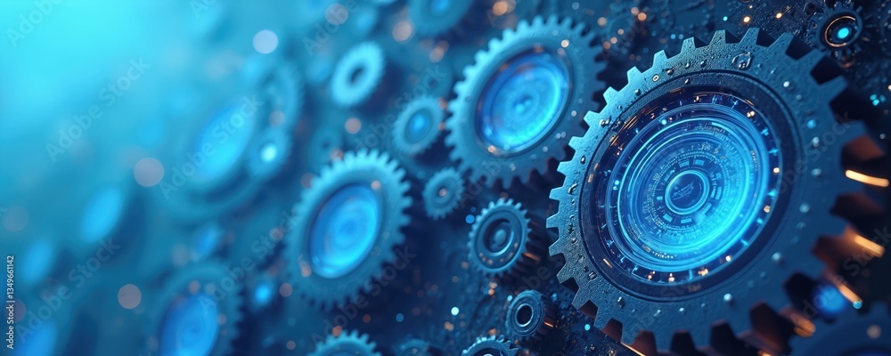 Aufkleber illustration features technical gears mechanical elements on blue background. futuristic digital des