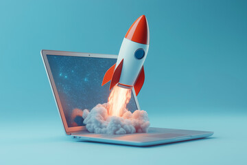 Une fus&eacute;e rouge et blanche d&eacute;collant de l'&eacute;cran d'un ordinateur portable ouvert, symbolisant l'essor de la technologie