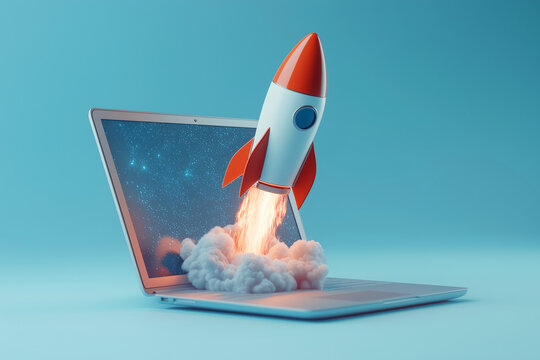 Une fus&eacute;e rouge et blanche d&eacute;collant de l'&eacute;cran d'un ordinateur portable ouvert, symbolisant l'essor de la technologie