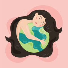 Girl with brown hair hugs the earth. Mother nature  is holding planet. Earth day poster on blue background.  Ecological consept.  Save the planet. April 22. Cartoon design. Flat vector illustration. 