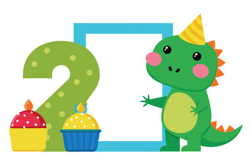 Naklejka premium Cartoon Green Number Two with Birthday Cupcakes and Dinosaur Wearing a Party Hat