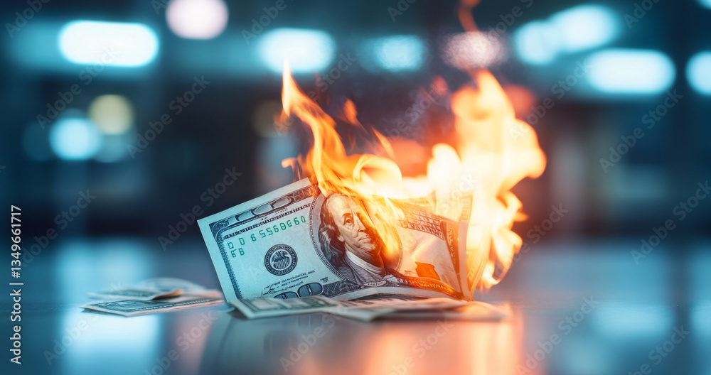 Poster flames rise from a stack of dollar bills, illustrating financial instability and the potential for l