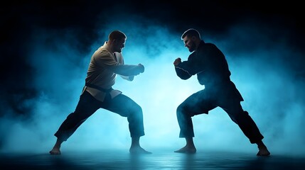 Obraz premium Two trained martial engaged in a sparring match their silhouettes visible through the hazy smoke filled air showcasing their intense focus energy and discipline