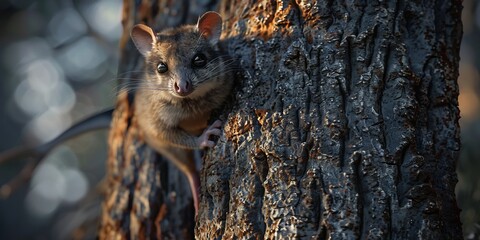 Obraz premium Ultra detailed 3D render of Northern Brushtail Possum tree trunk created using high poly sculpting ray tracing photorealistic lighting texture of fur rough bark contrast beautifully under soft evening