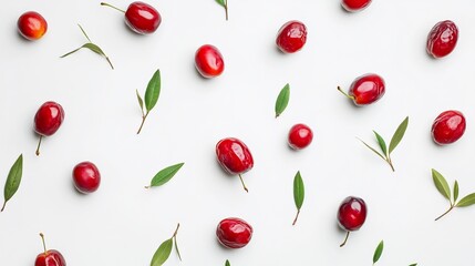 Red plums, leaves, white background, flat lay, food photography