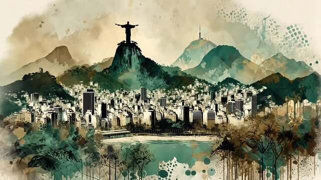 Luftaufnahme der Christusstatue &uuml;ber Rio de Janeiro mit Bergen