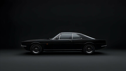 Fototapeta premium Sleek Black Coupe Automobile Displayed in Studio Lighting with Metallic Reflections on Wheels and Shiny Chrome Exterior