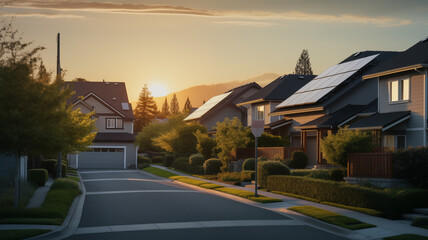 Fototapeta premium Peaceful Suburban Street with Lush Green Trees, Parked Cars, Neatly Trimmed Lawns, and Charming Family Homes Lined Along the Road