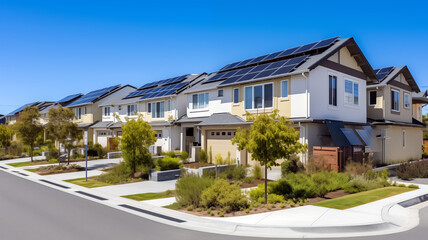 A Front-Facing View of a Peaceful Suburban Street with Modern Houses, Lush Green Trees, and Clean Sidewalks on a Sunny Afternoon