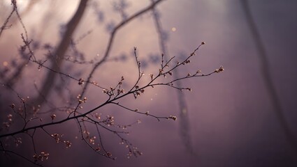 Delicate branches with budding flowers in a misty forest during early morning light