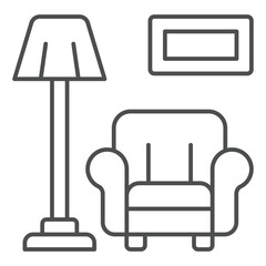 Armchair, floor lamp and picture thin line icon, house interior concept. Vector graphics. Chair with lamp and painting sign on white background, outline style icon for mobile or web design.
