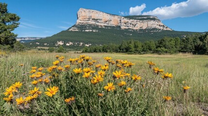 Fototapeta premium Mountain meadow flowers, sunny day, Pyrenees, nature