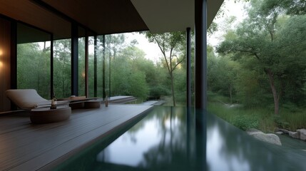 Modern retreat with serene pool and forest views