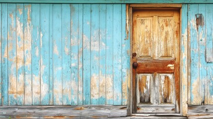 Weathered blue wood wall, old door, rustic background
