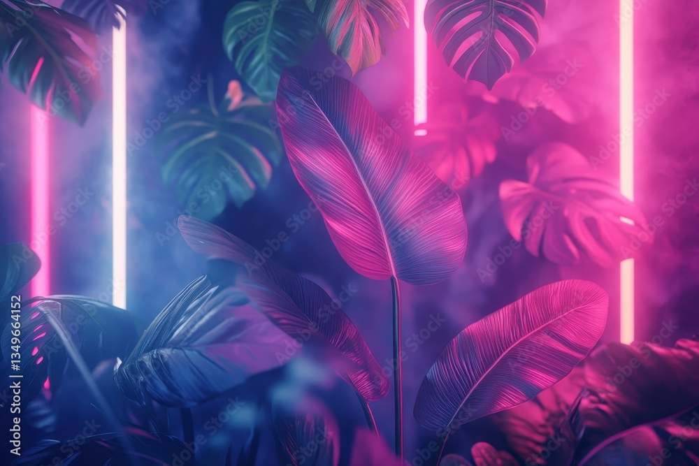 Poster neon foliage illuminated by colorful lights creates a vibrant atmosphere in an urban setting during 