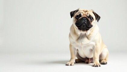 Obraz premium A single pug poses in a clean, white studio setting , dog, closeup, animal
