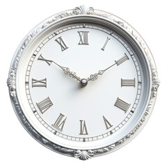 Elegant White Clock with Roman Numerals on a white background.