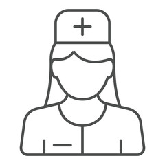 Nurse woman with medical cross hat thin line icon, human rescue concept. Vector graphics. Paramedic avatar profile sign on white background, outline style icon for mobile or web design.