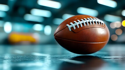 A close up view of a leather American football lying on a sports field surrounded by stadium lights and blurred background elements