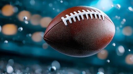 Closeup view of a leather American football in motion with stadium lights and a blurred background capturing the intensity and excitement of the game