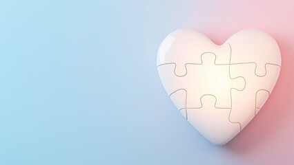 World Autism Awareness Day . A heart-shaped puzzle piece glowing softly, set against a pastel gradient with copy space for text, symbolizing love, acceptance and awareness