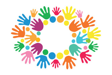 Fototapeta premium Colorful Handprint Circle on White, Flat Design, Vibrant Prints, Unity Theme, Joyful Art