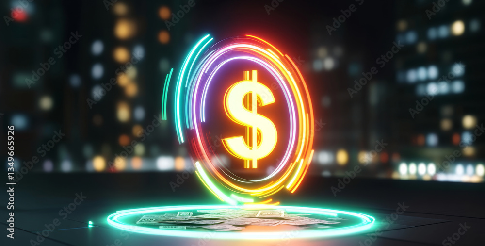 Poster a vibrant depiction of a glowing dollar symbol surrounded by colorful light trails, resting on a sta