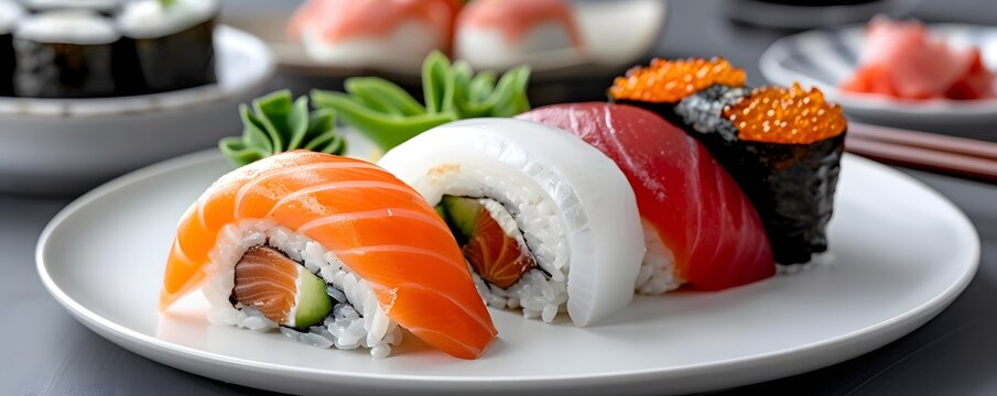 A beautifully presented selection of traditional Japanese sushi including nigiri maki rolls and sashimi arranged artfully on a white plate