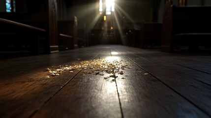 Scattered golden confetti on wooden church floor, sunlight rays